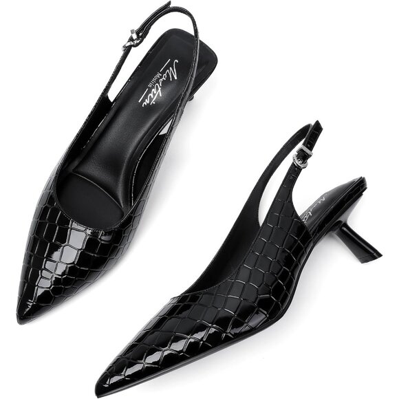 Black Croc Pointed Toe Leather Low Heel Slingback Heels with Buckle Dress Shoe - Picture 9 of 9